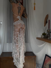 Load image into Gallery viewer, Lace embroidered upcyled table cloth dress