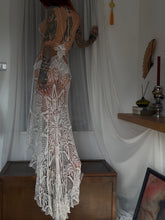 Load image into Gallery viewer, Lace embroidered upcyled table cloth dress