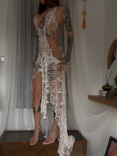 Load image into Gallery viewer, Lace embroidered upcyled table cloth dress