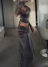 Load image into Gallery viewer, Ruched velvet halter top and maxi skirt set
