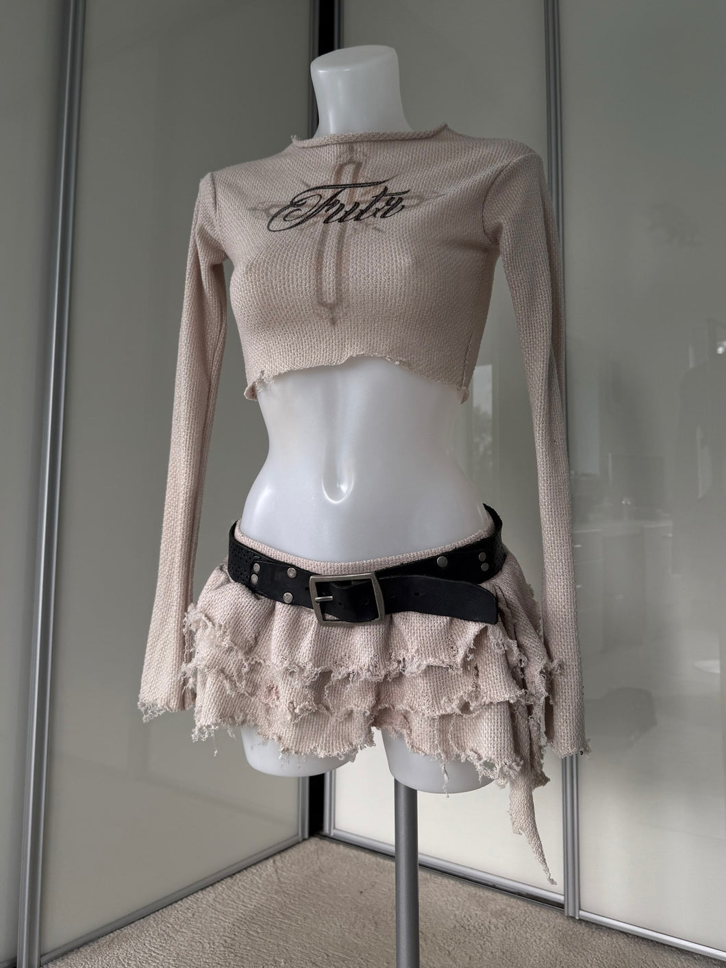 Sand printed distressed top and micro skirt set