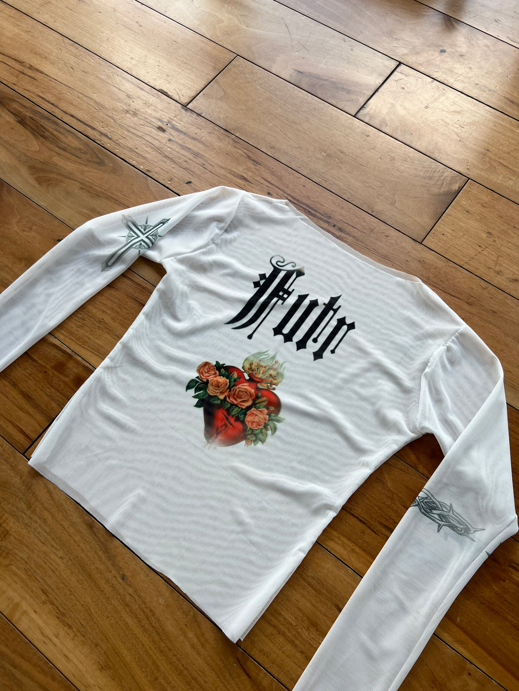 Printed mesh long sleeved top