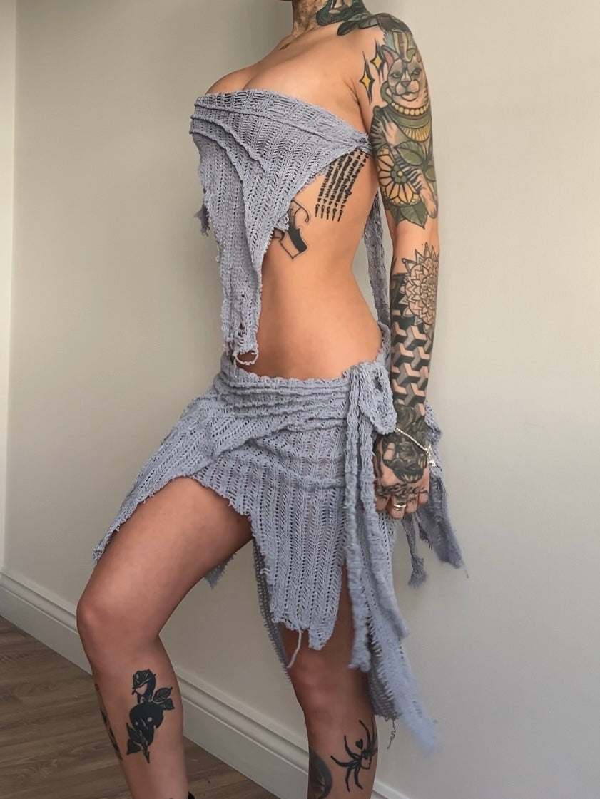 One off, asymmetric distressed knit set, blue grey