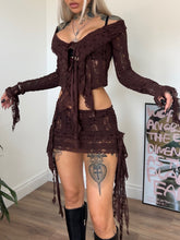 Load image into Gallery viewer, Lace off shoulder frilled top, brown
