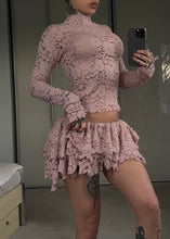 Load image into Gallery viewer, Lace shredded wrap skirt set- pink
