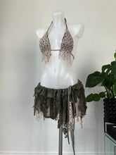 Load image into Gallery viewer, Crochet/lace shredded micro skirt and bralet set, khaki
