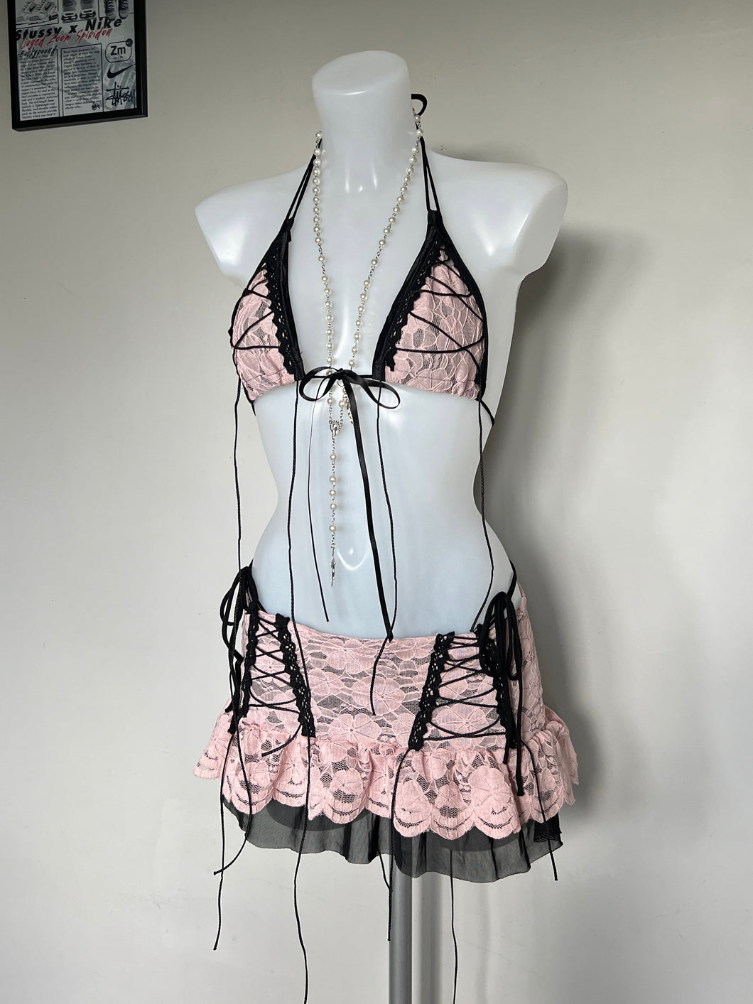 One off, lace up bikini skirt set, pink