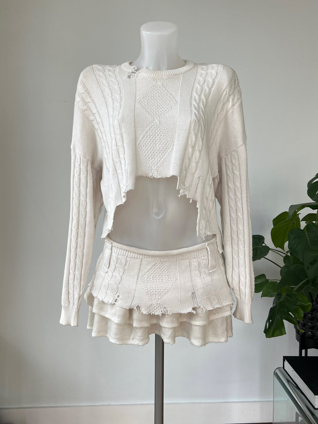 Upcycled distressed jumper set, Ivory
