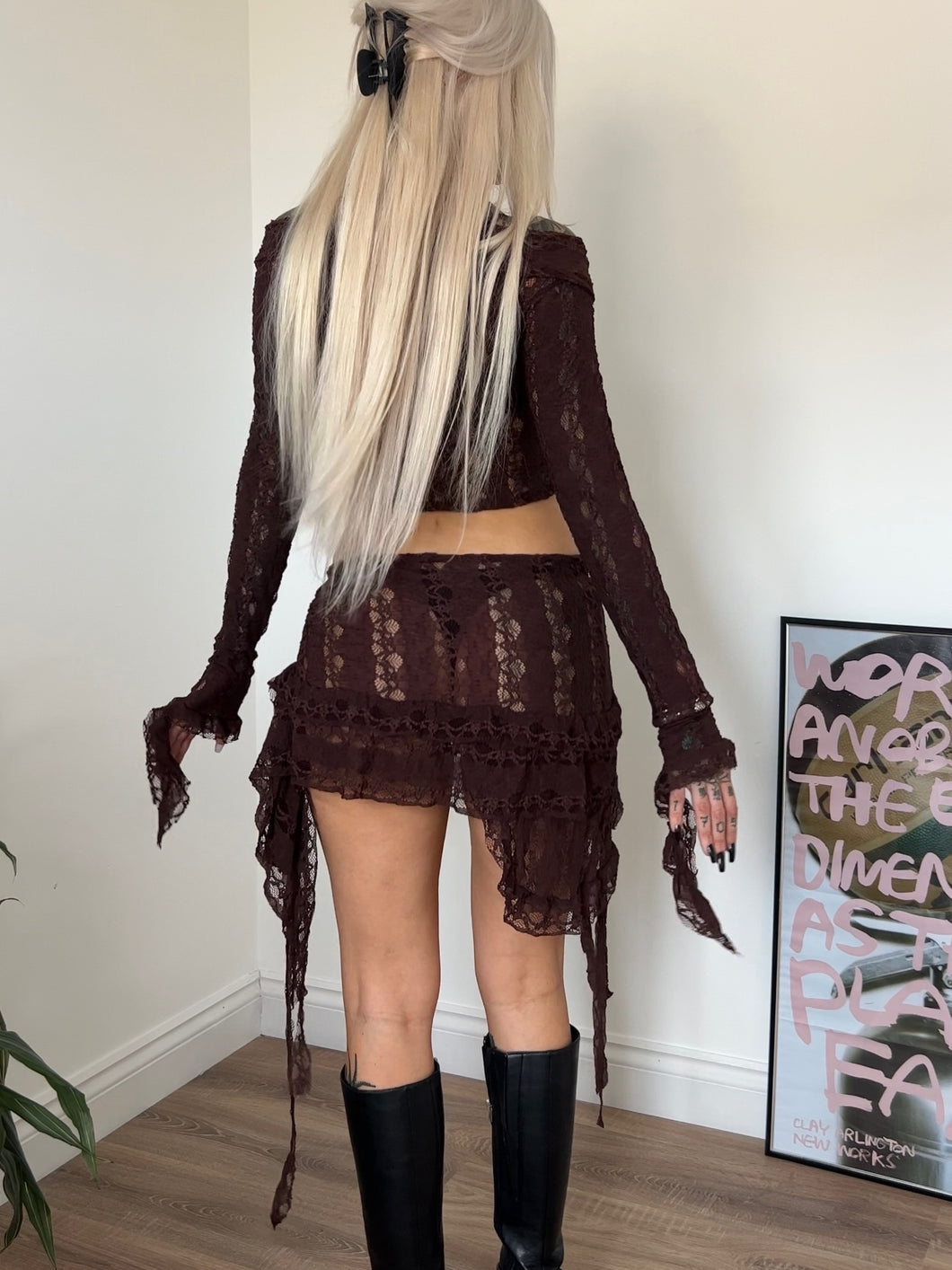 Lace, frilled ruched mini skirt, brown