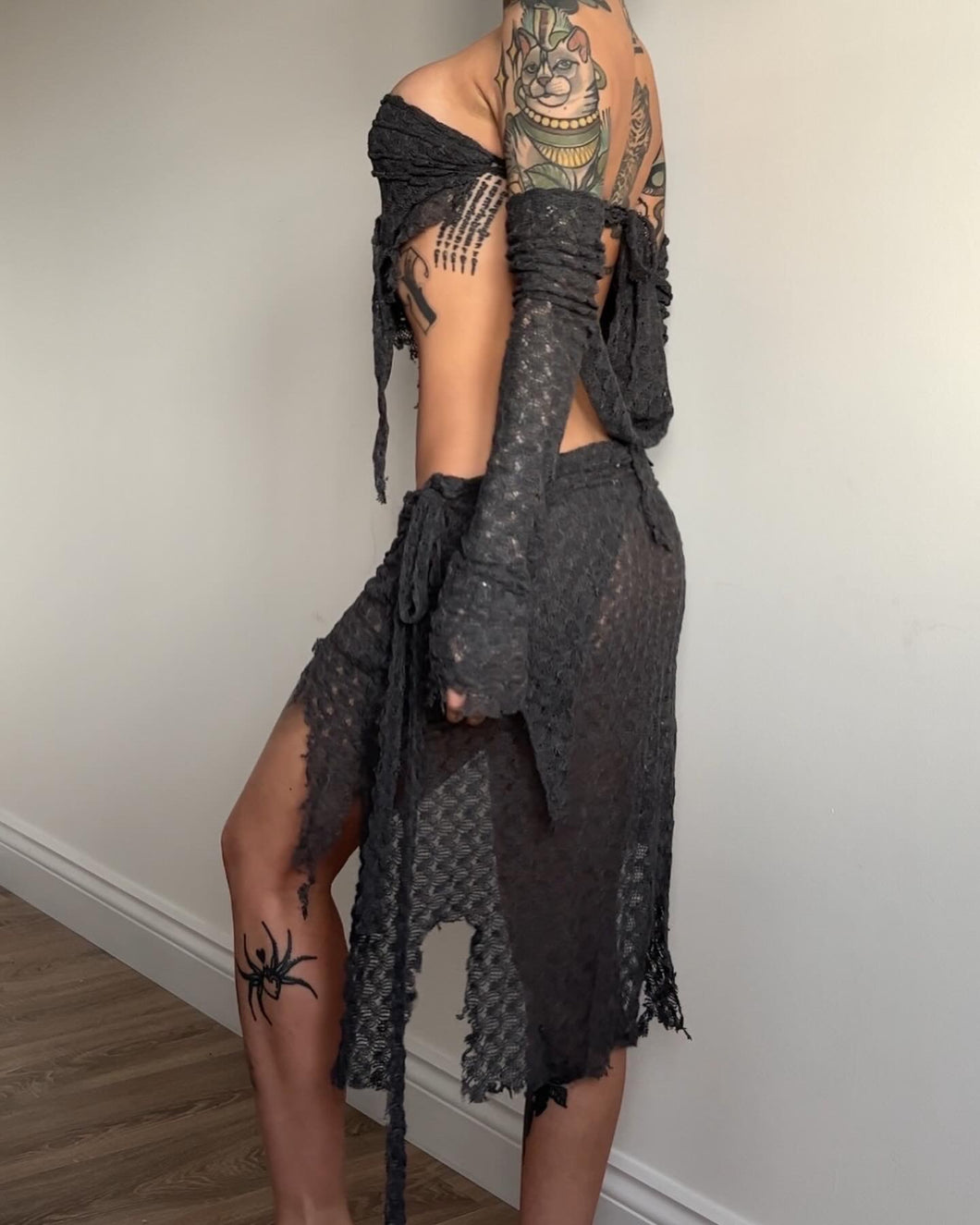 One off, Asymmetric distressed knit set, charcoal