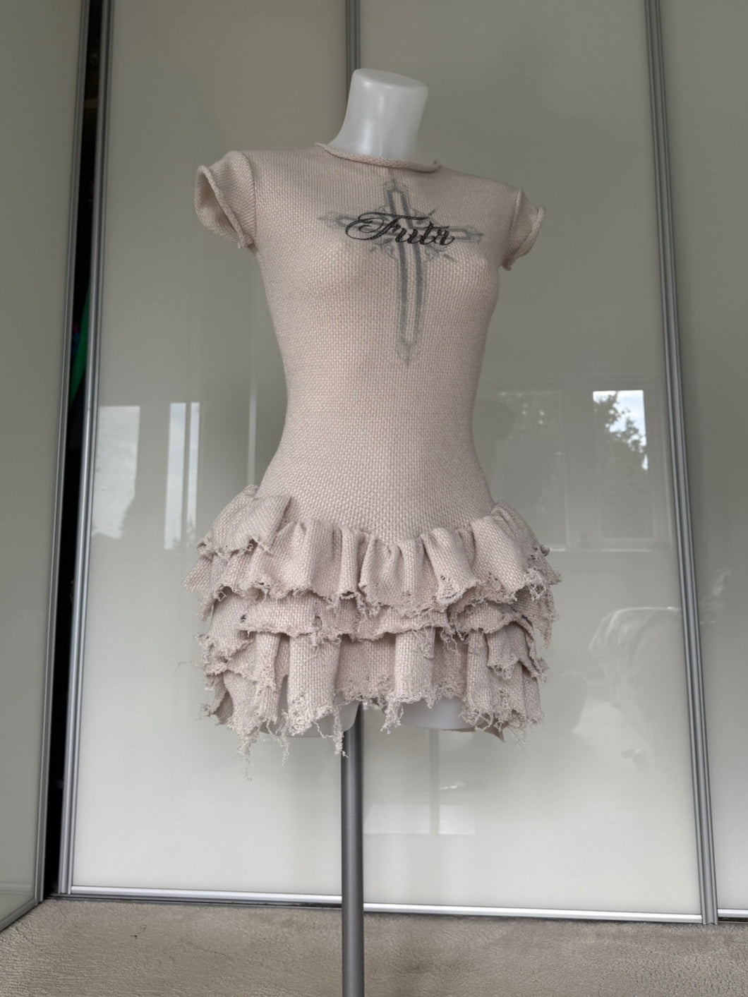 Sand printed distressed knit mini dress