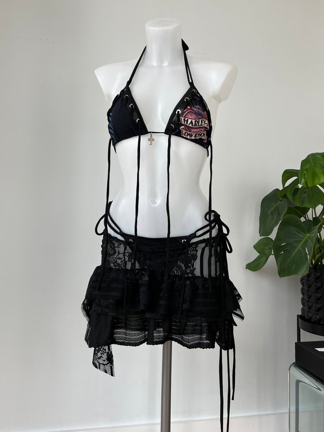 Black lace layered mini skirt