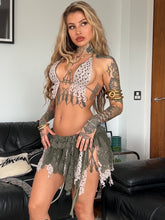 Load image into Gallery viewer, Crochet/lace shredded micro skirt and bralet set, khaki

