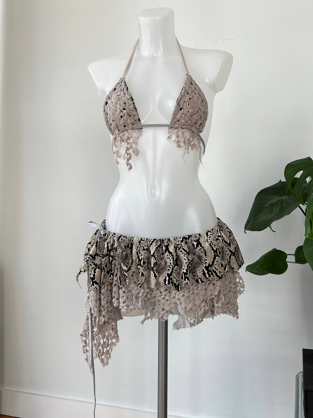 Crochet/lace shredded micro skirt and bralet set